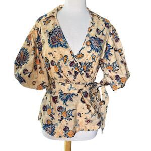 Elie Tahari Faux Wrap Floral Puff Sleeve Blouse Preppy Brunch Womens Size Medium